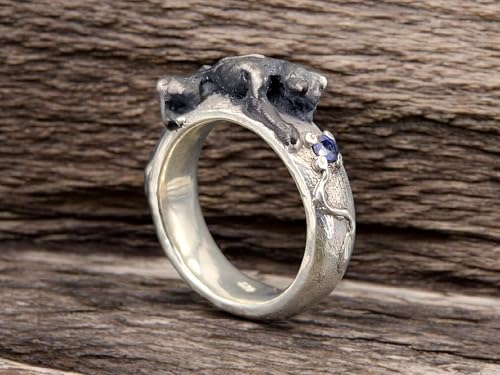 LeoLars-PABE Raubkatzen Design Ring, Gr. 59 (18,7), aus 925er Silber mit einem rund facettiertem blauen Saphir, teilgeschwärzt, Unikat, Handarbeit