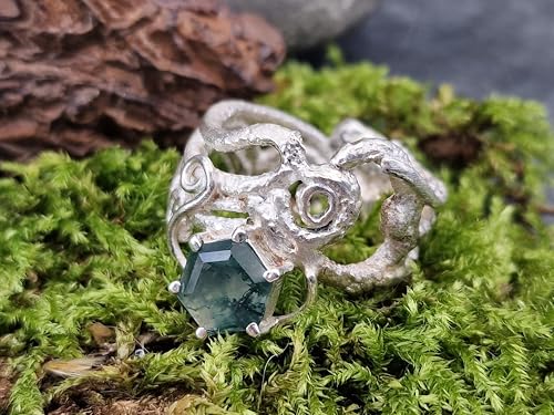 LeoLars-PABE Moosachat Ring im Krakendesign aus 925er Silber, Gr. 63-64 (20,3), Moosachat mit schönem Innenleben, facettiert mit Stotzenfassung, Unikat, Handarbeit