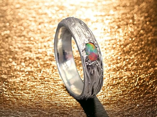 LeoLars-PABE Lightning Ridge Multicolor Opal Ring, Gr. 56 (18), aus 925er Silber im Wurzeldesign, Opal mit intensiven Farben, 5x3mm, Unikat, Handarbeit