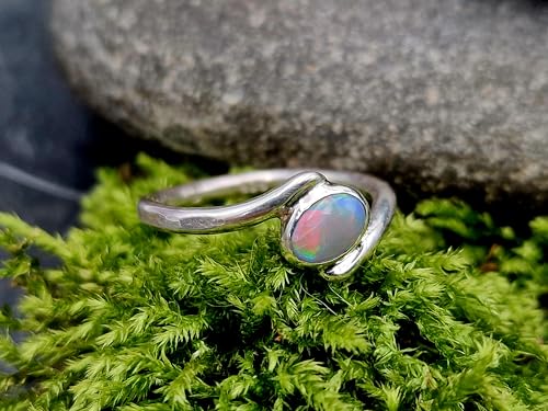 LeoLars-PABE Lightning Ridge Opal Design Ring, Gr.53 (17), aus 925er Silber, Opal mit mehrfarbigem Opalfeuer, Unikat, Handarbeit