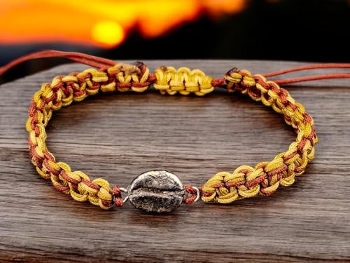LeoLars-PABE Beige braunes Makramee Armband mit teilgeschwärzter echter Kaffeebohner aus 925er Silber, Umfang von 15-27cm, Unikat, Handarbeit, Unisex
