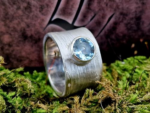 LeoLars-PABE Kräuter 420 Design Ring aus 925er Silber, mit blauem Aquamarin und echter Pflanzen Struktur, Größe 58 (18,5), Unikat, Handarbeit