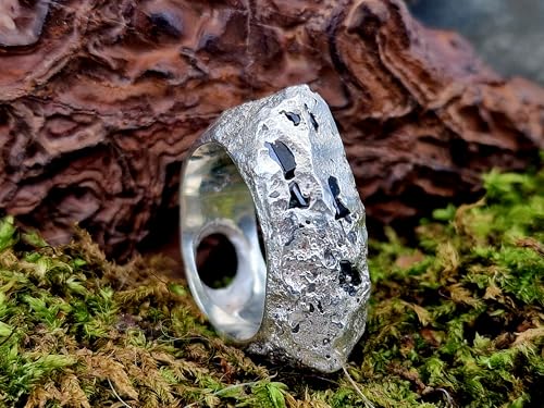 LeoLars-PABE Sandguss Felsendesign Saphir Ring, Gr. 59 (18,8), aus 925er Silber, Felsenoptik mit Saphiradern, blaue Saphire eingegossen, Nr.150, Unikat, Handarbeit