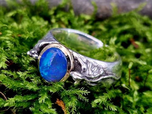 LeoLars-PABE Lightning Ridge Black Opal Drachen Ring Größe. 61 (19,2) aus 925er Silber mit 585er Gelbgold Fassung von 2 Drachen, Opal grün-blaues Opalfeuer, Unikat, Handarbeit