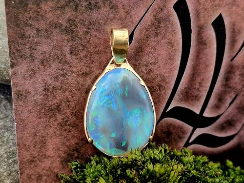 LeoLars-PABE Lightning Ridge Opal Anhänger aus 585er Gelbgold, Opal - Semi Chrystal mit blau-grünem Opalfeuer, 18,2x14,2mm, beidseitig, Unikat, Handarbeit