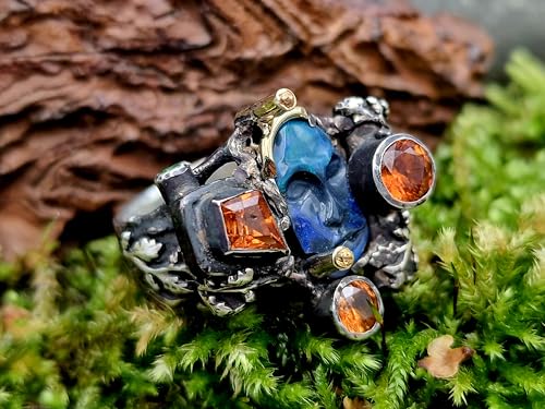 LeoLars-PABE Außergewöhnlicher Opal Edelstein Design Ring aus 925er Silber Größe 56 (18) mit schwarzem gecarvten Opal als Maske, mit verschiedenen Edelsteinen, Unikat, Handarbeit
