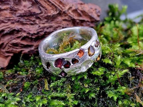 LeoLars-PABE Sandguss Chaos Blubber Design Ring aus 925er Silber, Größe 61 (19,5), mit echten verschieden farbigen eingegossenen Saphiren, Sandguss Struktur, Nr.139, Unikat, Handarbeit, Unisex