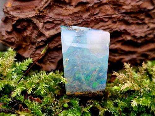 Boulder Opal Anhänger gebohrt mit 60cm Lederband, Opal - helle bis klare Opalschicht mit Multicolor Opalfeuer, 19,2 x 13,4 x 10,4mm, Unikat, Handgeschliffen