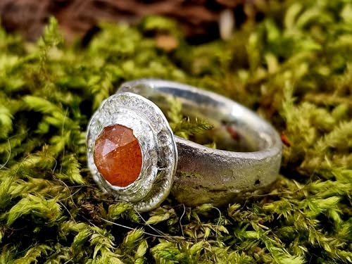 LeoLars-PABE Sonnenstein Sandguss Design Ring aus 925er Silber, Sandguss Struktur, Sonnenstein im Rosenschliff, Gr. 59/60 (19), Unikat, Handarbeit