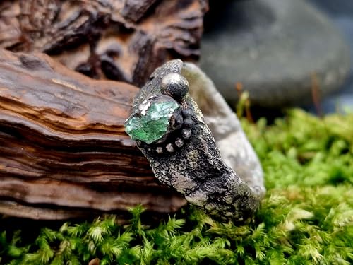 LeoLars-PABE Dermatoid Rohkristall Design Ring aus 925er Silber, Größe 61 (19,2), zum Teil geschwärzt, natürlicher Stein Oberfläche mit Silberkugel, Unikat, Handarbeit