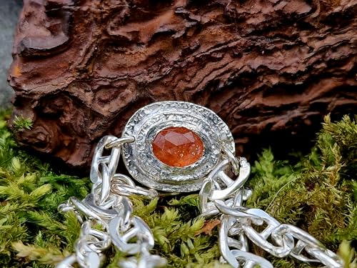 LeoLars-PABE Sonnenstein Design Armband aus 925er Silber, Sonnenstein im Rosenschliff mit Zargenfassung, Panzerarmband 20cm lang, Unikat, Handarbeit