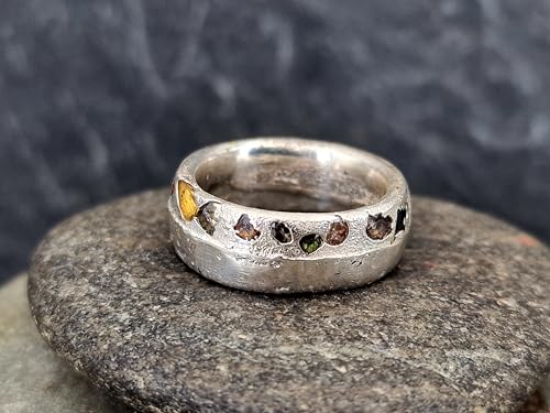 LeoLars-PABE Chaos Sandguss Design Ring, Größe 52 (16,7), aus 925er Silber mit echten verschiedenen farbigen Saphiren und teils typischer Sandguss Oberflächen Struktur Nr. 130, Unikat, Handarbeit