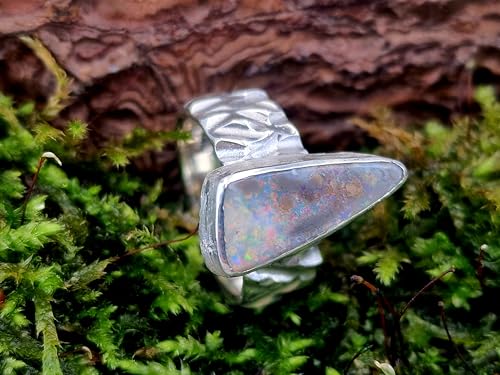 LeoLars-PABE Boulder Opal Design Ring aus 925er Silber, grobe Design Ring Struktur, massiv, Opal mit grauer gemeiner Opalschicht mit tollem mehrfarbigen Opalfeuer, Größe: 54 (17,2), Unikat Handarbeit
