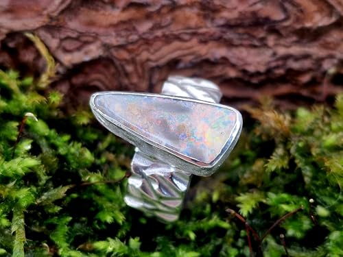 LeoLars-PABE Boulder Opal Design Ring aus 925er Silber, grobe Design Ring Struktur, massiv, Opal mit grauer gemeiner Opalschicht mit tollem mehrfarbigen Opalfeuer, Größe: 54 (17,2), Unikat Handarbeit