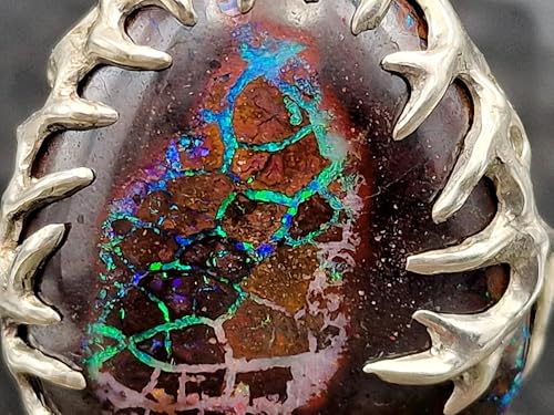 Herrlicher Boulder Opal Design Anhänger aus 925er Silber, Opal beidseitig, blau-grüne Opalnuß, Opaladergitter in blau oder grün, Tribaldesign, Unikat, Handarbeit, Anhängermaße: 35,7mm x 26,6mm x 8,7mm