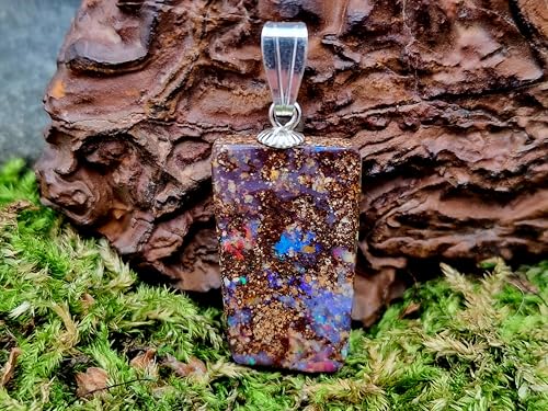 LeoLars-PABE Boulder Opal Anhänger mit mehrfarbigem Opalfeuer und 925er Silber Stiftöse, Pinfire, Anhängermaße: 25,3mm x 13mm x4mm, Unikat, Handgeschliffen