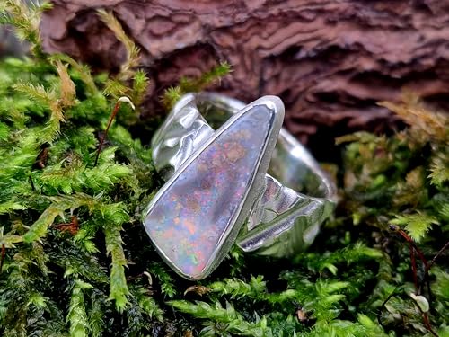 LeoLars-PABE Boulder Opal Design Ring aus 925er Silber, grobe Design Ring Struktur, massiv, Opal mit grauer gemeiner Opalschicht mit tollem mehrfarbigen Opalfeuer, Größe: 54 (17,2), Unikat Handarbeit