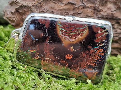 LeoLars-PABE Boulder Opal Design Anhänger aus 925er Silber, Opal Picture Stone mit tollem Muster und partiell mehrfarbigem Opalfeuer, Gitterfassung, Unikat, Handarbeit, Unisex