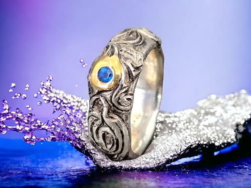 LeoLars-PABE Hauyn Design Ring aus 925er Silbermit Feingold Fassung, verschnörkeltes verspieltes Design, Gr. 53 (17), teilgeschwärzt, Hauyn d 2mm, Unikat, Handarbeit