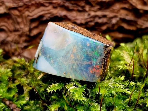 Boulder Opal Anhänger gebohrt mit 60cm Lederband, Opal - helle bis klare Opalschicht mit Multicolor Opalfeuer, 19,2 x 13,4 x 10,4mm, Unikat, Handgeschliffen