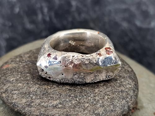 LeoLars-PABE Massiver Sandguss Design Ring aus 925er Silber, teils poliert, Gr.58 (18,5), mit hauptsächlich seitlich eingegossenen Edelsteinen, Unikat, Handarbeit, Nr. 152