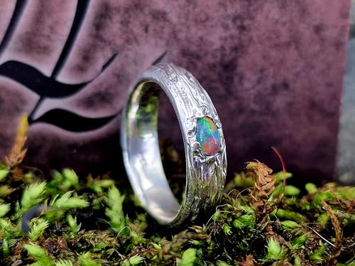 LeoLars-PABE Lightning Ridge Multicolor Opal Ring, Gr. 56 (18), aus 925er Silber im Wurzeldesign, Opal mit intensiven Farben, 5x3mm, Unikat, Handarbeit