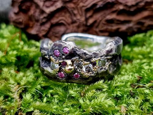 LeoLars-PABE Rustikaler Design Ring, Gr. 61 (19,5), aus 925er Silber und 585er Gelbgold Elementen mit weißen und pinken Labgrown Diamanten, teilgeschwärzt, Unikat, Handarbeit