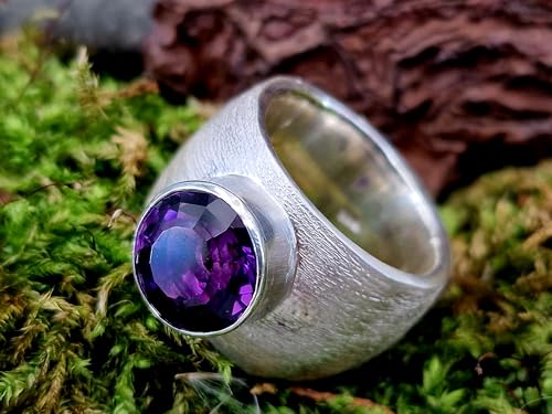 LeoLars-PABE Sehr massiver Amethyst Design Ring aus 925er Silber, fein schraffierte Oberflächen Struktur, Größe: 58-59 (18,7), Handarbeit, Unikat