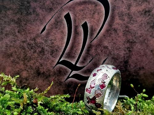 LeoLars-PABE Chaos Sandguss Design Ring aus 925er Silber, mit echten eingegossenen rosa Saphir und rotem Rubin, Nr.120, Größe: 59 (18,7), Unikat, Handarbeit