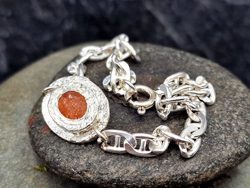 LeoLars-PABE Sonnenstein Design Armband aus 925er Silber, Sonnenstein im Rosenschliff mit Zargenfassung, Panzerarmband 20cm lang, Unikat, Handarbeit