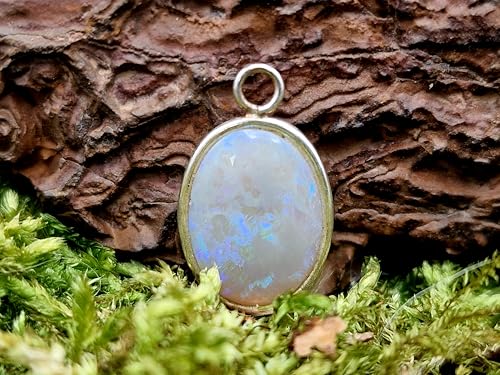 LeoLars-PABE heller Coober Pedy Opal Design Anhänger aus 925er Silber, Opal mit blau-grünem Opalfeuer, mit Schlaufe, Unikat, Handarbeit, Unisex