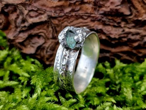 LeoLars-PABE Türkisfarbener Turmalin Design Ring, Gr. 57 (18,3), aus 925er Silber, Turmalin Navette facettiert, organisch geteilte Zargenfassung, verziert, Unikat, Handarbeit