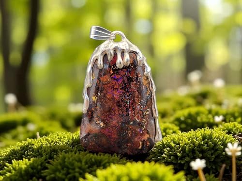 Boulder Opal Tropfendesign Anhänger aus 925er Silber, flüssiges Silber, Opal mit herrlichen Muster, Picture Stone, Opalfeuer in grün, blau und lila, Unikat, Handarbeit, Unisex