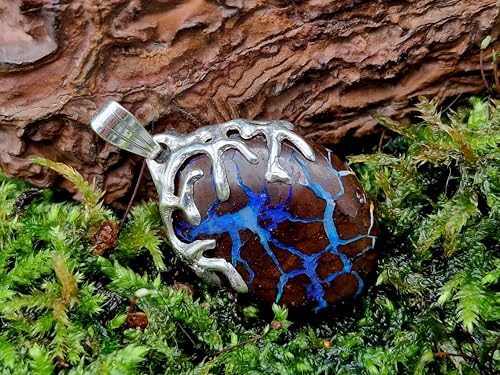 LeoLars-PABE Beideitiger Tribal Design Anhänger mit Boulder Opal aus 925er Silber, Opal mit Opalblitzen in kräftig blau, Unikat, Handarbeit Anhängermaße: 27mm x 18,2mm x 9mm