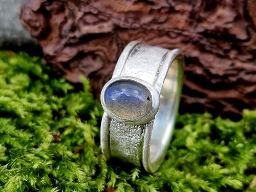 Labradorit Design Ring aus 925er Silber, Gr. 60-61(19,3), Labradorit Cabochon mit schönem rollenden blauen Farbspiel, Unikat, Handarbeit