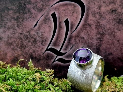 LeoLars-PABE Sehr massiver Amethyst Design Ring aus 925er Silber, fein schraffierte Oberflächen Struktur, Größe: 58-59 (18,7), Handarbeit, Unikat