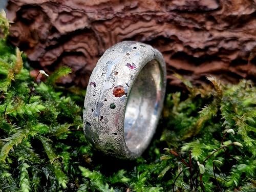 LeoLars-PABE Sandguss Design Chaos Ring aus 925er Silber, Größe 54 (17,5) mit echten verschiedenen eingegossenen Edelsteinen, Sandguss typischer Oberflächenstruktur, Unikat, Handarbeit