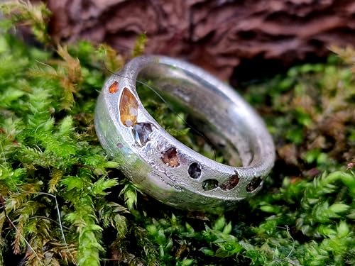 LeoLars-PABE Chaos Sandguss Design Ring, Größe 52 (16,7), aus 925er Silber mit echten verschiedenen farbigen Saphiren und teils typischer Sandguss Oberflächen Struktur Nr. 130, Unikat, Handarbeit