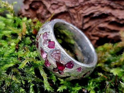 LeoLars-PABE Chaos Sandguss Design Ring aus 925er Silber, mit echten eingegossenen rosa Saphir und rotem Rubin, Nr.120, Größe: 59 (18,7), Unikat, Handarbeit