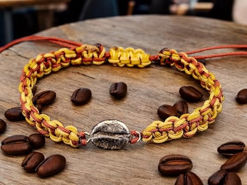 LeoLars-PABE Beige braunes Makramee Armband mit teilgeschwärzter echter Kaffeebohner aus 925er Silber, Umfang von 15-27cm, Unikat, Handarbeit, Unisex