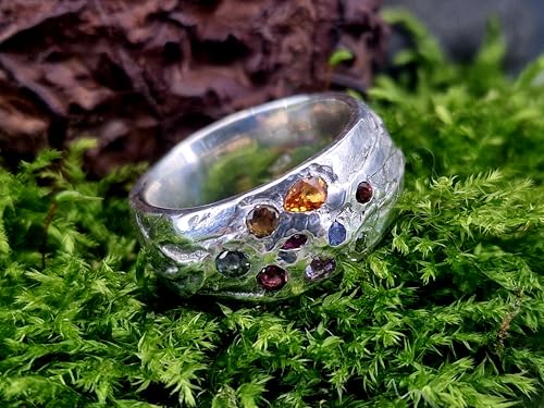 LeoLars-PABE Kräuterblätter Design 420 Ring aus 925er Silber, Größe 58 (18,5), verschiedenfarbige eingeriebene Saphiren, Massiv, Unikat, liebevolle Handarbeit, Maße Ring. 25mm x 24,5mm x 10mm