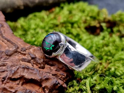 LeoLars-PABE Boulder Matrix Opal Ring, Gr. 53 (17), aus 925er Silber, schlicht, viele Opaladern mit brilliantem grünen Opalfeuer, Unikat, Handarbeit