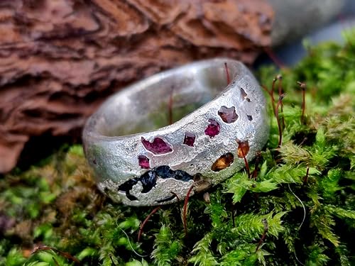 LeoLars-PABE Sandguss Design Chaos Ring, Größe 60 aus 925er Silber mit eingegossenen verschieden farbigen Saphiren, massiv, Nr.131, Unikat, Handarbeit