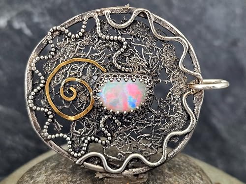 LeoLars-PABE Großer Lightning Ridge Opal Design Anhänger aus 925er Silber mit Spirale des Lebens aus Feingold, wildes organisches Filigree Muster, Unikat, Handarbeit