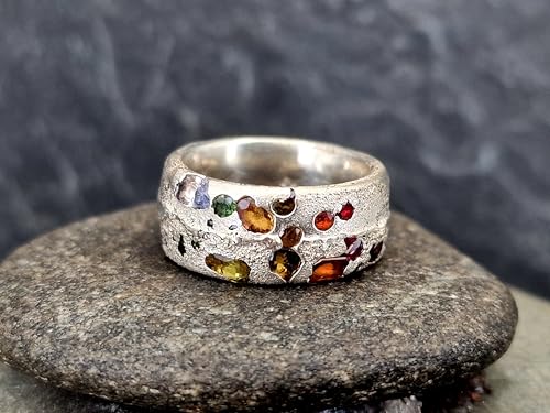 LeoLars-PABE Bunter Sandguss Chaos Design Ring, Nr.132, Größe 53(17), aus 925er Silber mit echten eingegossenen Saphiren, massiv, Sandguss Oberflächen Struktur, Handarbeit, Unikat