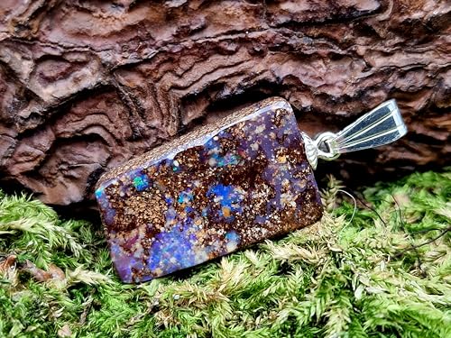 LeoLars-PABE Boulder Opal Anhänger mit mehrfarbigem Opalfeuer und 925er Silber Stiftöse, Pinfire, Anhängermaße: 25,3mm x 13mm x4mm, Unikat, Handgeschliffen