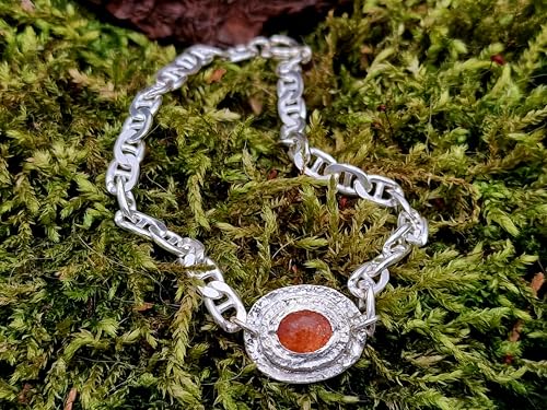 LeoLars-PABE Sonnenstein Design Armband aus 925er Silber, Sonnenstein im Rosenschliff mit Zargenfassung, Panzerarmband 20cm lang, Unikat, Handarbeit