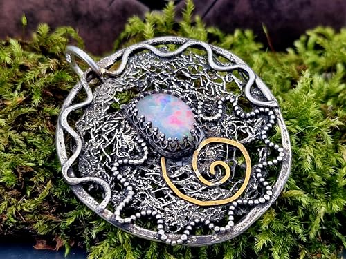 LeoLars-PABE Großer Lightning Ridge Opal Design Anhänger aus 925er Silber mit Spirale des Lebens aus Feingold, wildes organisches Filigree Muster, Unikat, Handarbeit