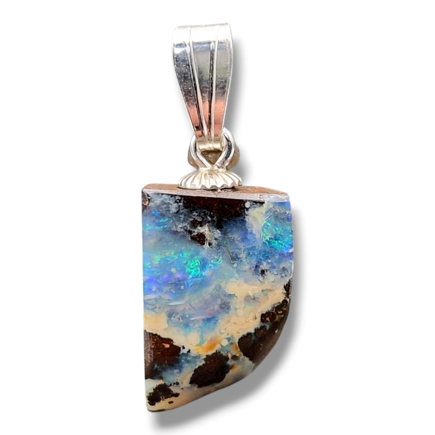 LeoLars-PABE Boulder Opal Anhänger mit 925er Silber Stiftöse, Opal mit grün-blauem Opalfeuer und ein wenig rot, Picture Stone, Anhängergröße : 19mm x 9,4mm x 6,1mm, Unikat, Handgeschliffen