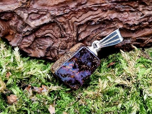 Picture Stone Boulder Opal Anhänger mit 925er Silber Stiftöse, kleines Universum mit Opalfeuer Pinfire in grau, orange, gelb und rot, Anhängermaße: 16mm x 9,6mm x 6,6mm, Unikat, Handgeschliffen